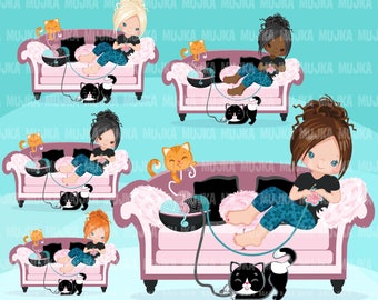 Crochet cat lady, Crafty character clipart graphics. Yarn, sofa, pillows , crochet hooks, cats, activity, crochet PNG logo clip art