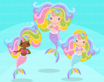 Rainbow Mermaid clipart, pastel mermaid graphics, card making,  , mermaid princess, birthday party, black girl