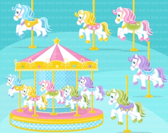 May include: Seven colorful carousel horses with pink, blue, green, and purple accents. The horses are on a carousel with a pink and white canopy and gold trim. The carousel is on a blue background.