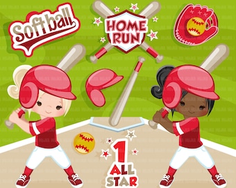 Softball Clipart. Red Softball graphics, baseball players, baseball game illustrations, kids playing baseball, home run, black