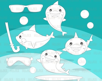 Sharks Digital Stamps. Cute shark, sea animals, undersea sea coloring outline art, B&W, embroidery digitizing