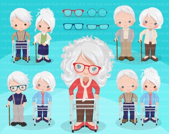 Family portraits clipart. Elders, senior graphics. Old lady with walker, old guy with cane, grandparents, family graphics, commercial use