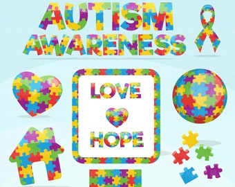 Autism Clipart. Autism awareness graphics, ribbon, heart, home, love, hope globe and frame. Commercial use clip art, scrapbooking, cookie