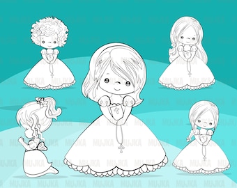 First Holy Communion Digital Stamps. Religious bible, church, cross, rosary graphic, coloring outline art, B&W, little girl praying clip art
