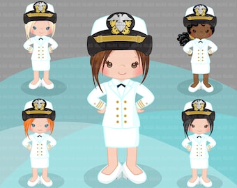 Female Navy Officer Clipart. Little girl Graphics, Sailing, captain, mate,  , embroidery, Sublimation Designs, black
