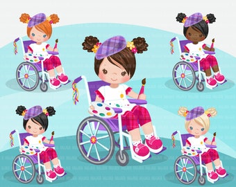 Special Needs Wheelchair Artist girl clipart. Painter disability, kids, characters, black, card making, planner stickers, disable