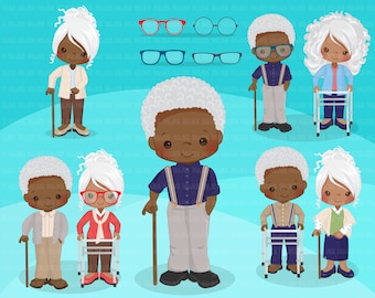 black afro Family portraits clipart. Elders, senior graphics. Old lady with walker, old guy with cane, grandparents, family