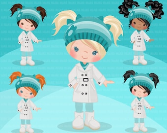 Little girl cute outfits clipart. Girls with winter jacket, boots and hat, birthday, school, toddler fashion graphics.