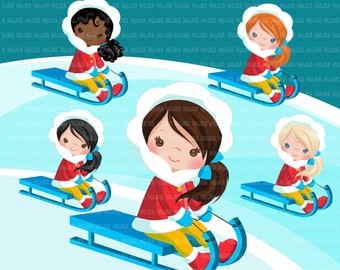 Winter sled snow kids clipart, kids sledding, tobogganing, winter outfits, outdoor activity, snow day, commercial use, graphics, cute kids