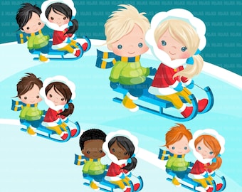 Winter sled snow kids clipart, kids sledding, tobogganing, winter outfits, outdoor activity, snow day, commercial use, graphics, cute kids