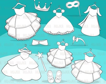 Princess Dress Digital Stamps. Fairy wand, royal outfits, masquerade, party, ballroom graphics, scrapbook, coloring outline, B&W clip art