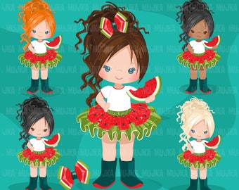 Watermelon Tutu Clipart. Independence day melon tutu, modern outfits, fashion kids, commercial use clip art, little girl with slice of melon