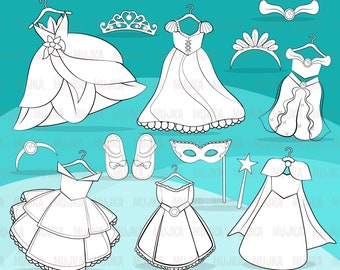 Princess Dress Digital Stamps. Fairy wand, royal outfits, masquerade, party, ballroom graphics, scrapbook, coloring outline, B&W clip art