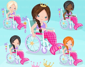 Special Needs Wheelchair clipart, Mermaid princess clipart, disability, characters, black,  , disable, handicap