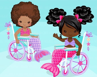 Special Needs Wheelchair clipart, Mermaid princess clipart, disability, characters, black,  , disable, handicap