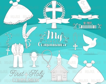 First Holy Communion Digital Stamps. Religious bible, church, dove, cross, rosary graphics, coloring outline art, B&W, embroidery digitizing