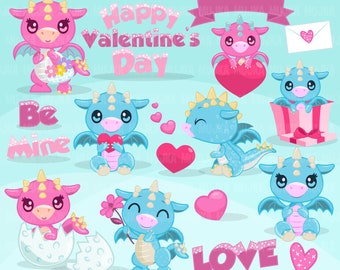 Valentine's Day Baby Dragon clipart. Cute dragon graphics, dragon birthday, mystical animals, cookie design, cutting, scrapbook, commercial