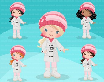 Little girl cute outfits clipart. Girls with winter jacket, boots and hat, birthday, school, toddler fashion graphics. Commercial use design