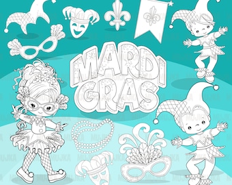 Mardi gras digital stamps, carnival clip art, masquerade party, illustration, New Orleans, fleur de lis, mask, graphics coloring outline B&W