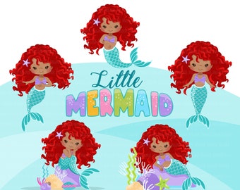 Little Mermaid clipart, mermaid PNG, mermaid sublimation graphics, black mermaid clipart, mermaid birthday party, afro girl PNG clip art