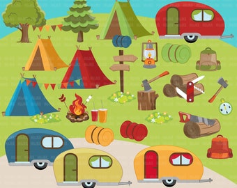 Camping PNG clipart, campground, campfire, tent, camper van, forest background, trees, outdoor graphics, Sublimation Designs Png clip art