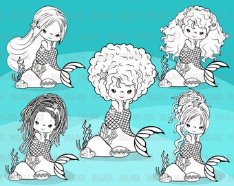 Mermaid Digital stamps, afro mermaid princess, birthday party, coloring page, favors, toppers, clip art B&W clip art outline