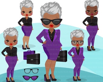 Afro mature woman clipart with purple business suit, briefcase and glasses black senior women graphics, print and cut sublimation clip art