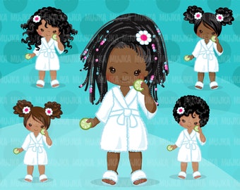 Spa clipart, party black girl clipart graphics, bath, bathrobe, cucumber, spa birthday graphics, Sublimation Designs clip art