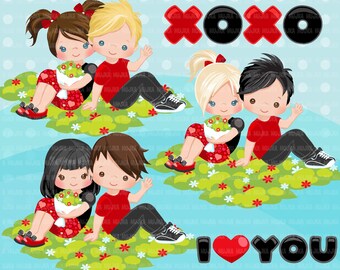Valentine's Day Clipart, Cute Valentine kids, couples sitting, XOXO valentine graphics, Sublimation Designs clip art