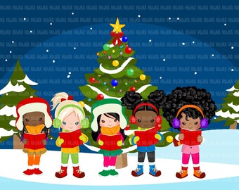 Christmas Carol clipart, Christmas caroler girl, black girls, Christmas tree, holiday png clip art, Sublimation Designs sublimation graphics