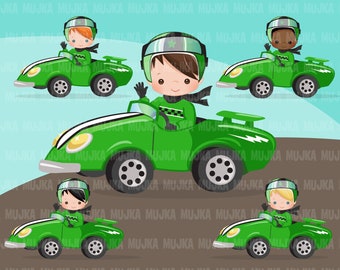 Car Racing Clipart for boys. Race car driver Formula 1 graphics, boys birthday green team clip art, planner stickers, commercial , F1 racing