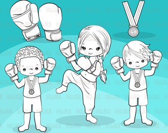 Kickboxing Digital Stamps, Sports Graphics, B&W clip art outline kickbox, boxing gloves