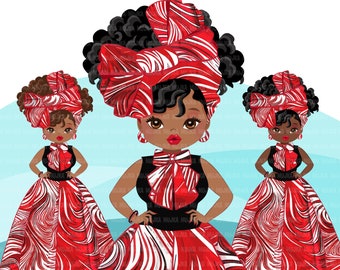 Black woman clipart PNG, Ankara Red white print bow tie and skirt, fashion graphics shop logo sorority Delta boss afro girl clip art PNG