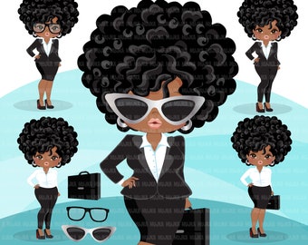 Afro black woman clipart with business suit, briefcase and glasses African-American graphics, print and cut Png Sublimation clip art