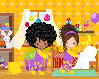 Bedroom chores Clipart, making bed, children's room sublimation graphics, black girls PNG clip art