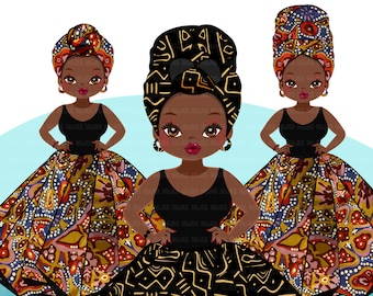 Black woman clipart PNG, Ankara kente African print mud cloth head wrap and skirt, fashion graphics girl clip art PNG