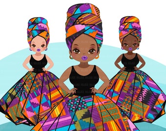 Black woman clipart PNG, Ankara kente African print, head wrap and skirt, fashion sublimation graphics black girl clip art PNG