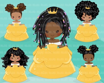 Black Princess clipart, fairy tale graphics, girls story book, yellow princess dress, Sublimation Designs clip art