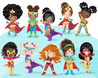 Superhero clipart, supergirl hero sublimation graphics, black girls birthday party, afro girl PNG clip art