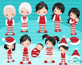 Christmas Pajama family clipart, portraits, mom, dad, grandparents, baby, kids collection, brunette graphics, Sublimation Designs PNG