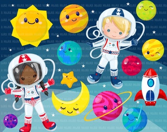 Space solar system clipart with astronauts & cute planets. commercial use clip art, space rocket, sun, moon, jupiter, saturn, mars, earth