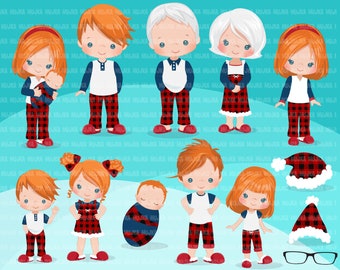 Christmas Pajama family clipart, portraits, mom, dad, grandparents, baby, kids red head graphics, Sublimation Designs PNG
