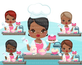 Afro Woman baker PNG clipart with baking supplies, print and cut, baking black girl clip art