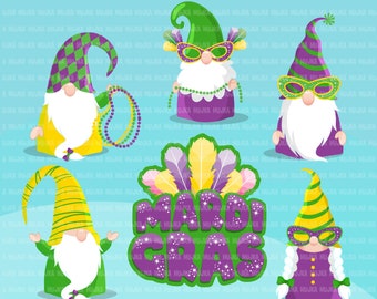 Mardi gras gnomes clipart, carnival clip art, masquerade party, New Orleans, masks, beads