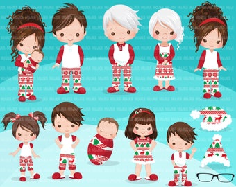 Christmas Pajama family clipart, portraits, mom, dad, grandparents, baby, kids brunette graphics, Sublimation Designs PNG
