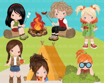 Girls camping clipart, campground png, campfire png, tent, outdoor graphics, Sublimation Designs Png clip art, picnic clipart