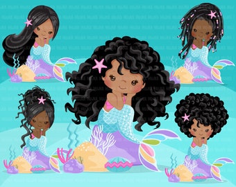 Mermaid clipart, pastel mermaid graphics, sublimation black mermaid princess, birthday party, favors, toppers, Png clip art