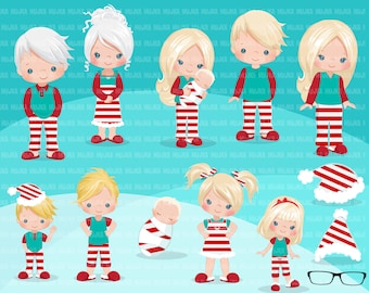 Christmas Pajama family clipart, portraits, mom, dad, grandparents, baby, kids blonde graphics, striped Sublimation Designs PNG