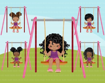 Playground Clipart, black girl swinging, spring, outdoors park swing graphics, Sublimation Designs Png clip art