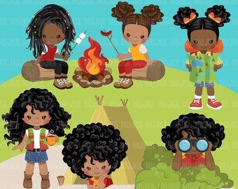 Black Girl camping clipart, campground png, campfire, tent, outdoor graphics, Sublimation Designs Png clip art, picnic clipart